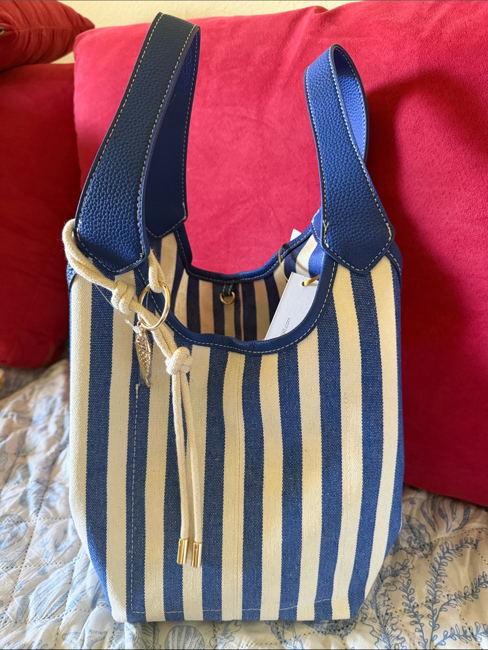 NWT House of Harlow 1960 Blue and Cream Striped Canvas Shoulder Bag